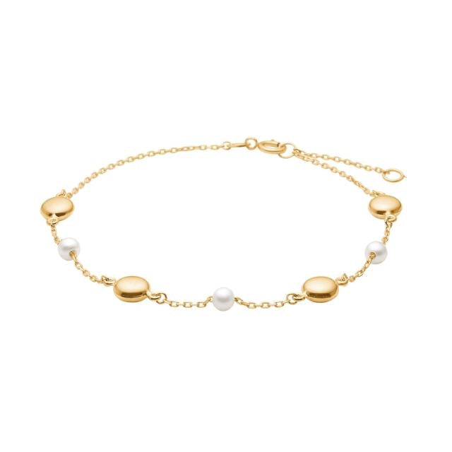 Siersbøl armbånd i 8 kt guld med hvide perler og flade guldkugler, justerbar 17–19 cm.
